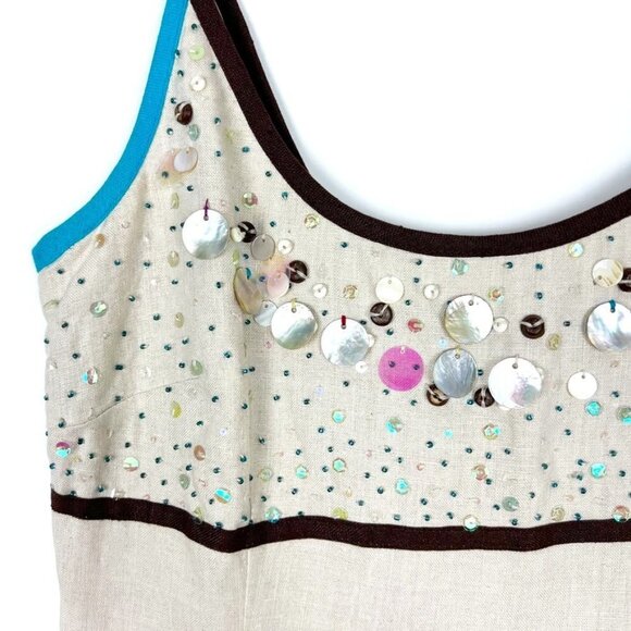 Donna Morgan Tank Dress Women's 6 Khaki 100% Linen Shell Bead Embellished Midi - Picture 3 of 14